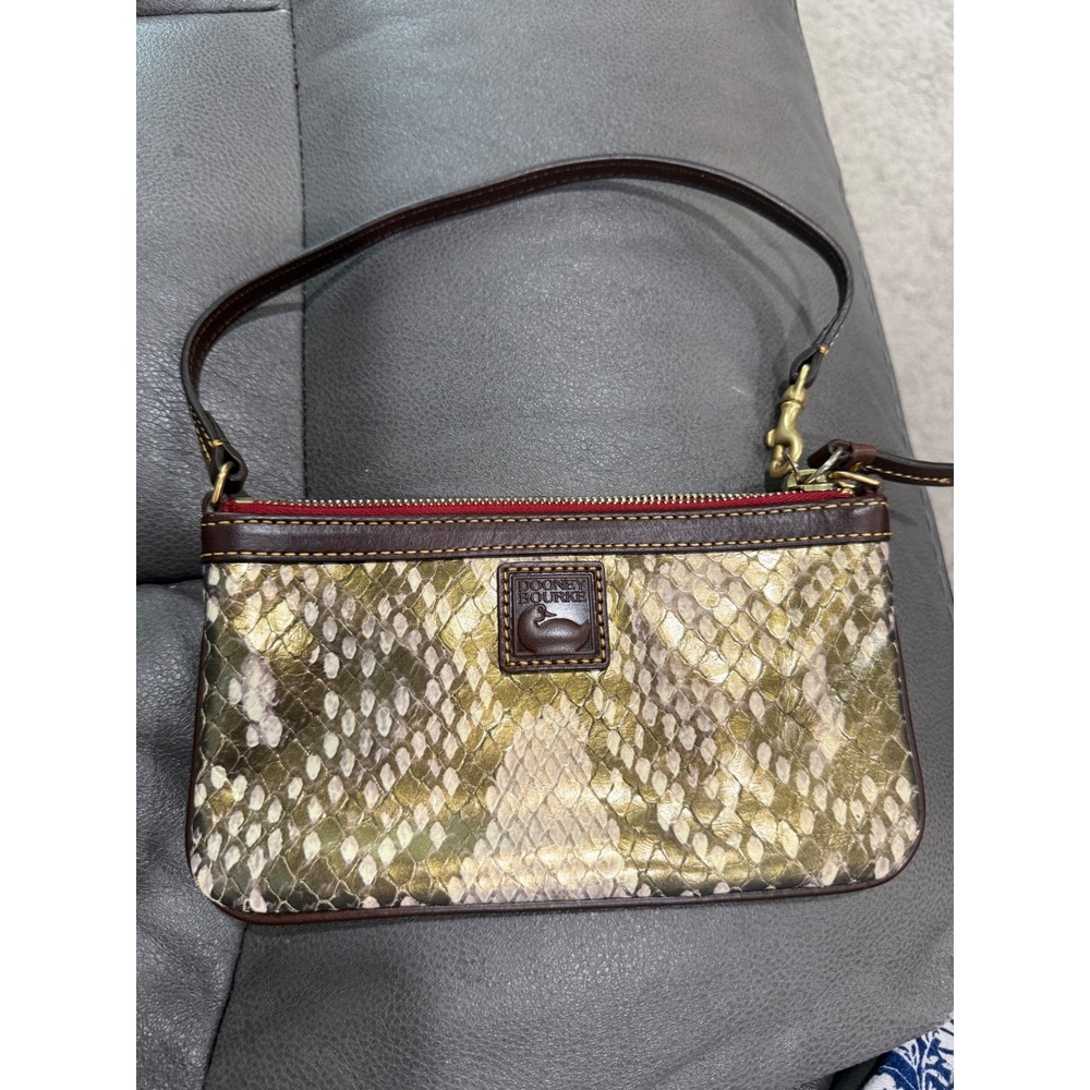 Dooney & Bourke Metallic Gold Snakeskin Embossed Leather Wristlet Clutch Bag